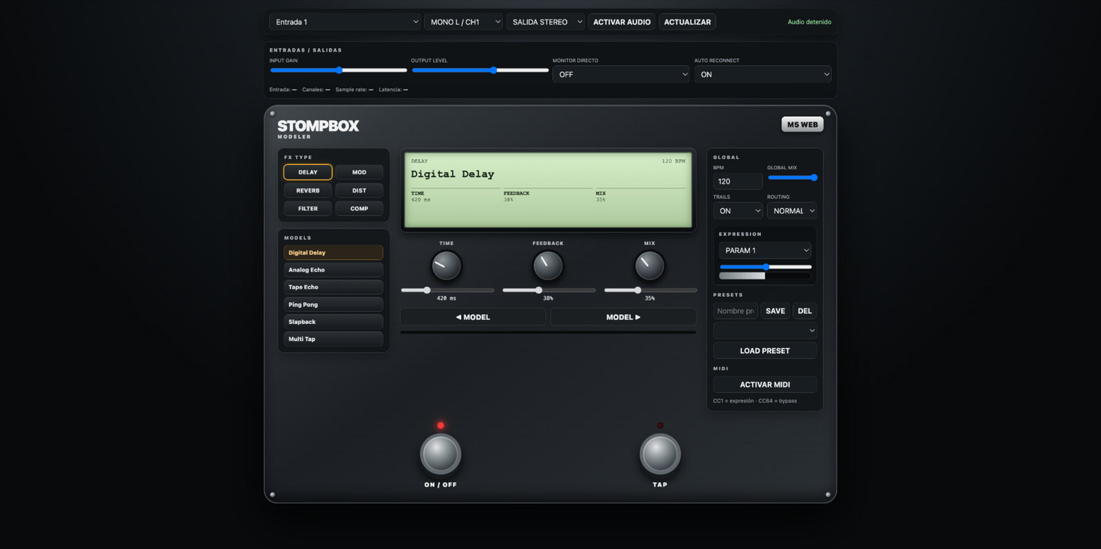 Interfaz del proyecto Stompbox Modeler